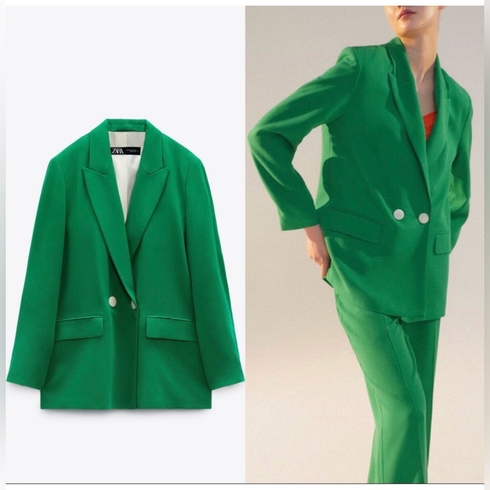 Zara Double Breasted Long Green Blazer Size S